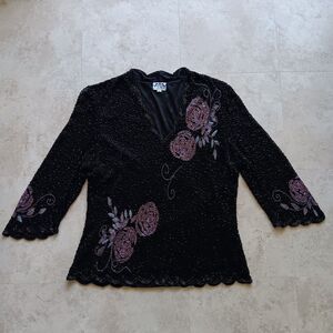 Vintage BCS Black Silk Beaded Sparkly Floral Size XXL V-Neck Top Blouse Dressy